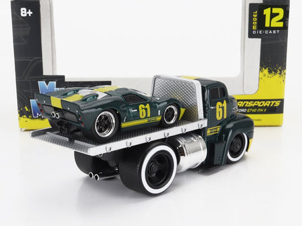FORD USA | COE FLATBED TRUCK CAR TRANSPORTER 1965 WITH GT40 N 61 CUSTOM 1966 | GREEN MET YELLOW
