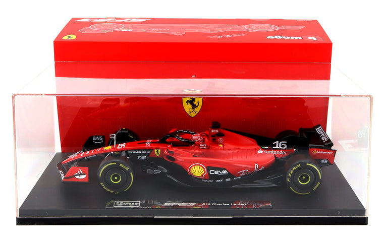 FERRARI | F1  SF-23 TEAM SCUDERIA FERRARI N 16 SEASON 2023 CHARLES LECLERC - CON VETRINA - WITH SHOWCASE - EXCLUSIVE CARMODEL | RED BLACK