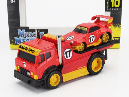 TRUCK | JDM FLATBED TRUCK CAR TRANSPORTER WITH PORSCHE 911 993 RWB CUSTOM 1996 | RED YELLOW