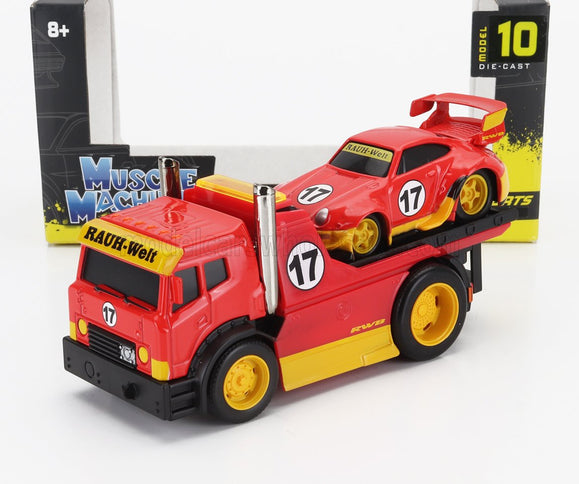 TRUCK | JDM FLATBED TRUCK CAR TRANSPORTER WITH PORSCHE 911 993 RWB CUSTOM 1996 | RED YELLOW