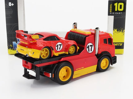 TRUCK | JDM FLATBED TRUCK CAR TRANSPORTER WITH PORSCHE 911 993 RWB CUSTOM 1996 | RED YELLOW