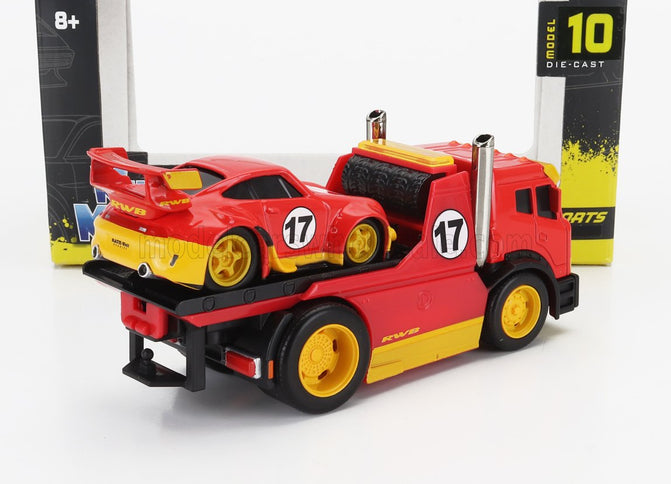 TRUCK | JDM FLATBED TRUCK CAR TRANSPORTER WITH PORSCHE 911 993 RWB CUSTOM 1996 | RED YELLOW
