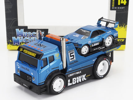 TRUCK | JDM FLATBED TRUCK CAR TRANSPORTER WITH NISSAN SKYLINE GT-R CUSTOM 1999 | BLUE MET BLACK