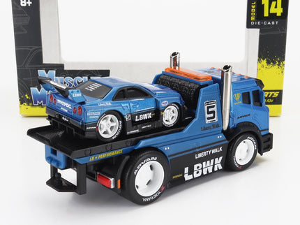 TRUCK | JDM FLATBED TRUCK CAR TRANSPORTER WITH NISSAN SKYLINE GT-R CUSTOM 1999 | BLUE MET BLACK
