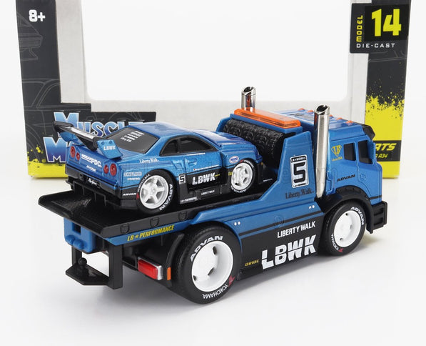 TRUCK | JDM FLATBED TRUCK CAR TRANSPORTER WITH NISSAN SKYLINE GT-R CUSTOM 1999 | BLUE MET BLACK