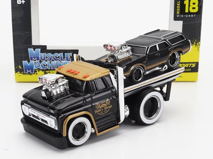 CHEVROLET | C-60 FLATBED CAR TRANSPORTER 1966 WITH OLDSMOBILE VISTA CRUISER CUSTOM 1970 | BLACK GOLD