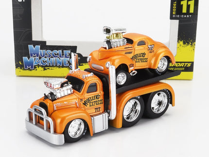 MACK | B-61 FLATBED TRUCK CAR TRANSPORTER 1953 WITH WILLYS COUPE GASSER CUSTOM 1941 | ORANGE MET