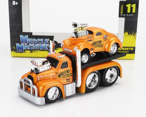 MACK | B-61 FLATBED TRUCK CAR TRANSPORTER 1953 WITH WILLYS COUPE GASSER CUSTOM 1941 | ORANGE MET