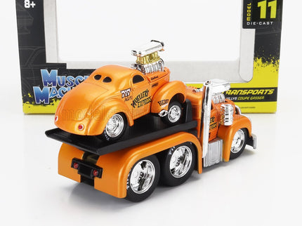 MACK | B-61 FLATBED TRUCK CAR TRANSPORTER 1953 WITH WILLYS COUPE GASSER CUSTOM 1941 | ORANGE MET