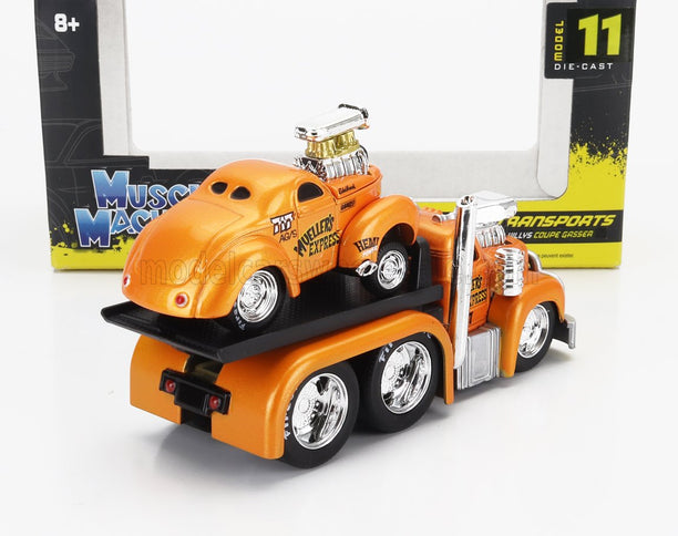 MACK | B-61 FLATBED TRUCK CAR TRANSPORTER 1953 WITH WILLYS COUPE GASSER CUSTOM 1941 | ORANGE MET