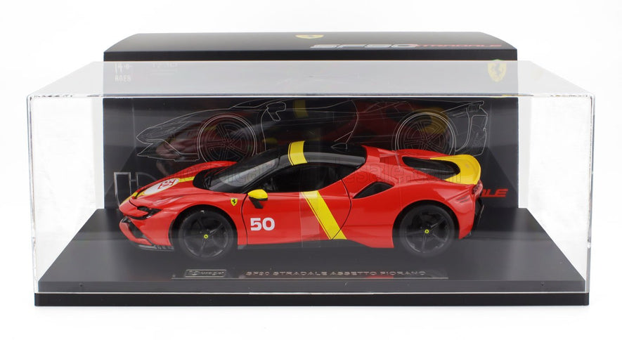 FERRARI | SF90 STRADALE HYBRID 1000hp N 50 24h LE MANS LIVERY - CON VETRINA - WITH SHOWCASE - EXCLUSIVE CARMODEL | RED YELLOW