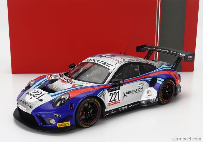 Porsche 911 991-2 GT3 R Team Gpx Martini Racing N°221 24h Spa 2022 Richard Lietz - Michael Christensen - Kevin Estre 1:18 IXO Models strieborná modrá červená