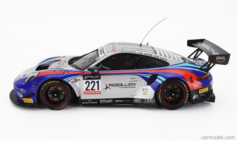 Porsche 911 991-2 GT3 R Team Gpx Martini Racing N°221 24h Spa 2022 Richard Lietz - Michael Christensen - Kevin Estre 1:18 IXO Models strieborná modrá červená