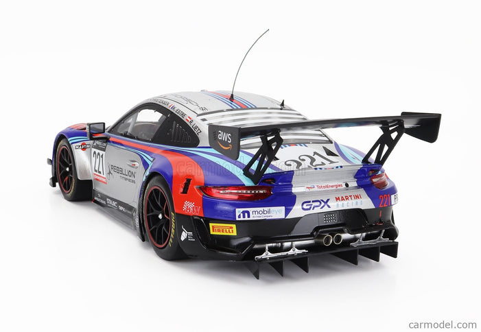 Porsche 911 991-2 GT3 R Team Gpx Martini Racing N°221 24h Spa 2022 Richard Lietz - Michael Christensen - Kevin Estre 1:18 IXO Models strieborná modrá červená
