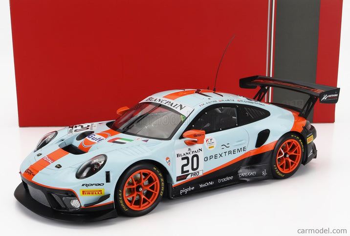 Porsche 911 991 GT3 R 4.0L FLAT-6 Team Gpx Racing N°20 Víťaz 24h Spa 2019 Richard Lietz - Michael Christensen - Kevin Estre 1:18 IXO Models svetlomodrá oranžová čierna