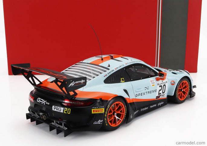 Porsche 911 991 GT3 R 4.0L FLAT-6 Team Gpx Racing N°20 Víťaz 24h Spa 2019 Richard Lietz - Michael Christensen - Kevin Estre 1:18 IXO Models svetlomodrá oranžová čierna