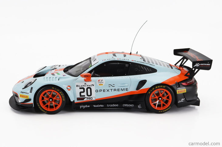 Porsche 911 991 GT3 R 4.0L FLAT-6 Team Gpx Racing N°20 Víťaz 24h Spa 2019 Richard Lietz - Michael Christensen - Kevin Estre 1:18 IXO Models svetlomodrá oranžová čierna