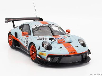 Porsche 911 991 GT3 R 4.0L FLAT-6 Team Gpx Racing N°20 Víťaz 24h Spa 2019 Richard Lietz - Michael Christensen - Kevin Estre 1:18 IXO Models svetlomodrá oranžová čierna