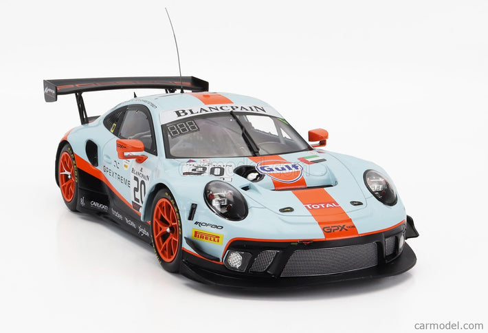 Porsche 911 991 GT3 R 4.0L FLAT-6 Team Gpx Racing N°20 Víťaz 24h Spa 2019 Richard Lietz - Michael Christensen - Kevin Estre 1:18 IXO Models svetlomodrá oranžová čierna
