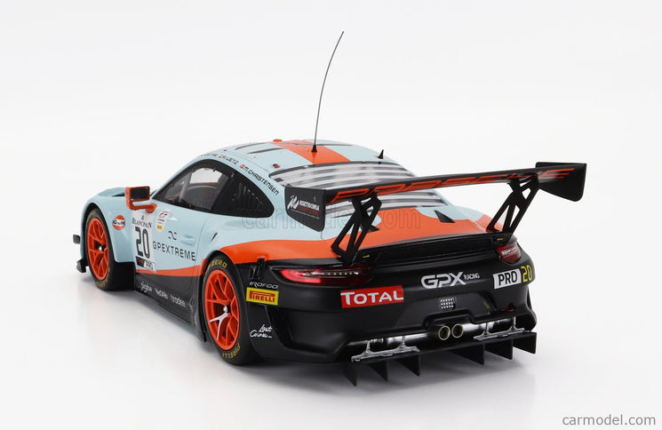 Porsche 911 991 GT3 R 4.0L FLAT-6 Team Gpx Racing N°20 Víťaz 24h Spa 2019 Richard Lietz - Michael Christensen - Kevin Estre 1:18 IXO Models svetlomodrá oranžová čierna
