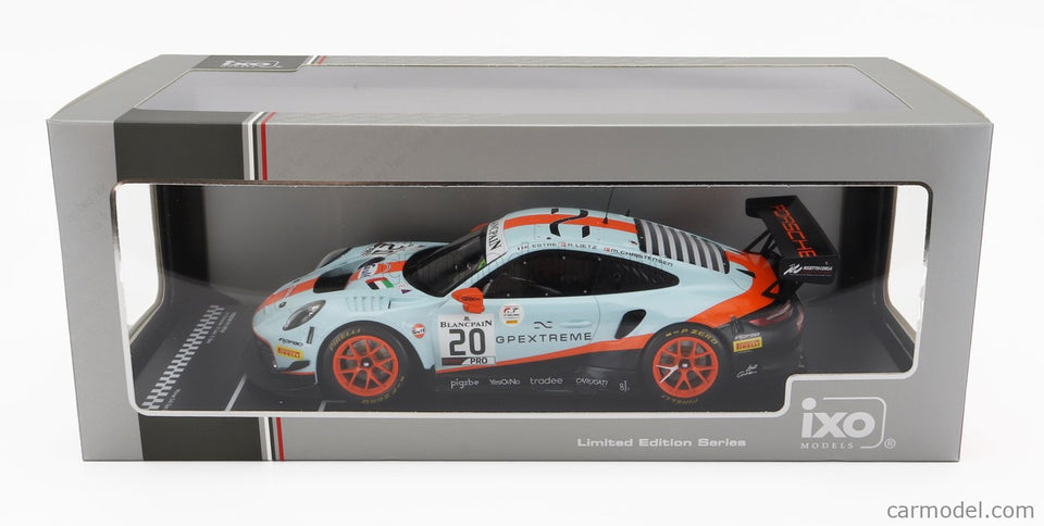 Porsche 911 991 GT3 R 4.0L FLAT-6 Team Gpx Racing N°20 Víťaz 24h Spa 2019 Richard Lietz - Michael Christensen - Kevin Estre 1:18 IXO Models svetlomodrá oranžová čierna