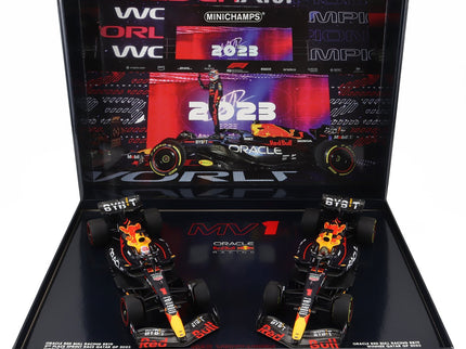 RED BULL | SET 2X F1  RB19 TEAM ORACLE RED BULL RACING N 1 WORLD CHAMPION 2nd SPRINT RACE + WINNER QATAR GP 2023 MAX VERSTAPPEN | MATT BLUE