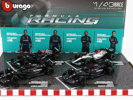 MERCEDES GP | SET F1  4X W14 TEAM MERCEDES-AMG PETRONAS FORMULA ONE N 44 SEASON 2023 LEWIS HAMILTON - N 63 SEASON 2023 GEORGE RUSSELL - W13 N 44 SEASON 2022 LEWIS HAMILTON - W12 N 44 SEASON 2021 LEWIS HAMILTON | MATT BLACK SILVER