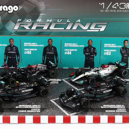MERCEDES GP | SET F1  4X W14 TEAM MERCEDES-AMG PETRONAS FORMULA ONE N 44 SEASON 2023 LEWIS HAMILTON - N 63 SEASON 2023 GEORGE RUSSELL - W13 N 44 SEASON 2022 LEWIS HAMILTON - W12 N 44 SEASON 2021 LEWIS HAMILTON | MATT BLACK SILVER