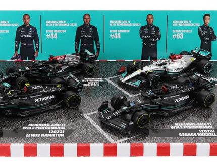 MERCEDES GP | SET F1  4X W14 TEAM MERCEDES-AMG PETRONAS FORMULA ONE N 44 SEASON 2023 LEWIS HAMILTON - N 63 SEASON 2023 GEORGE RUSSELL - W13 N 44 SEASON 2022 LEWIS HAMILTON - W12 N 44 SEASON 2021 LEWIS HAMILTON | MATT BLACK SILVER