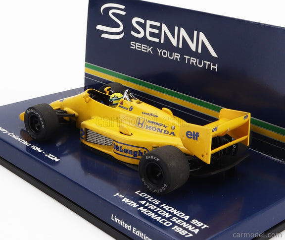 Lotus F1 Honda 99T Team Lotus N°12 Víťaz Monaco GP 1987 Dirty Version Ayrton Senna 1:43 Minichamps žltá