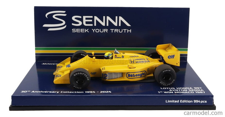 Lotus F1 Honda 99T Team Lotus N°12 Víťaz Monaco GP 1987 Dirty Version Ayrton Senna 1:43 Minichamps žltá