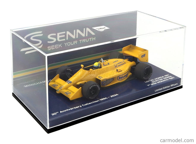 Lotus F1 Honda 99T Team Lotus N°12 Víťaz Monaco GP 1987 Dirty Version Ayrton Senna 1:43 Minichamps žltá