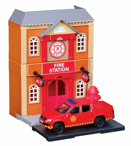 ACCESSORIES | DIORAMA - SET FIRE STATION WITH VOLKSWAGEN AMAROK PICK-UP 2009 | RED