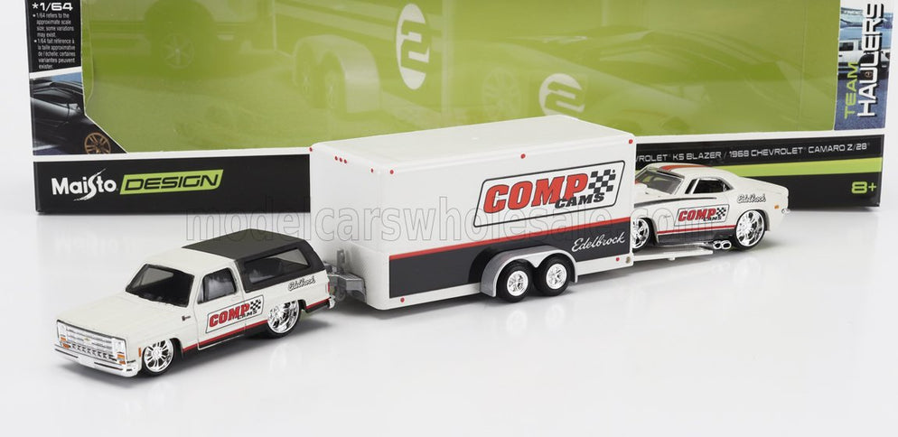 CHEVROLET | BLAZER K5 1979 WITH TRAILER CAR TRANSPORTER + CAMARO Z/28 COUPE RACING COMP CAMS 1968 | WHITE BLACK
