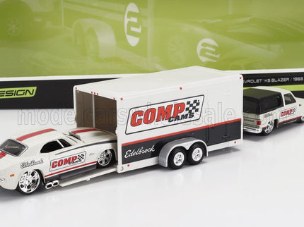 CHEVROLET | BLAZER K5 1979 WITH TRAILER CAR TRANSPORTER + CAMARO Z/28 COUPE RACING COMP CAMS 1968 | WHITE BLACK