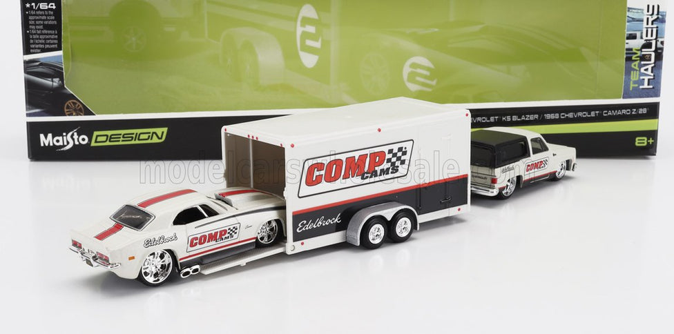 CHEVROLET | BLAZER K5 1979 WITH TRAILER CAR TRANSPORTER + CAMARO Z/28 COUPE RACING COMP CAMS 1968 | WHITE BLACK