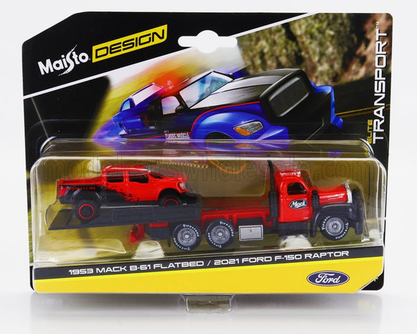 MACK | B-61 FLATBED RAMP TRUCK WITH FORD USA F-150 RAPTOR PICK-UP 2021 | RED BLACK