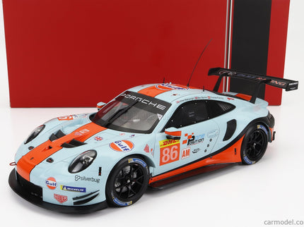 Porsche 911 991 RSR 4.0L Team Gulf Racing N°86 Wec Lmgte Sebring 2019 Michael Wainwright - Ben Barker - Thomas Preining 1:18 IXO Models svetlomodrá oranžová čierna