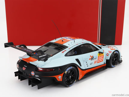 Porsche 911 991 RSR 4.0L Team Gulf Racing N°86 Wec Lmgte Sebring 2019 Michael Wainwright - Ben Barker - Thomas Preining 1:18 IXO Models svetlomodrá oranžová čierna