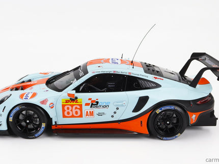 Porsche 911 991 RSR 4.0L Team Gulf Racing N°86 Wec Lmgte Sebring 2019 Michael Wainwright - Ben Barker - Thomas Preining 1:18 IXO Models svetlomodrá oranžová čierna