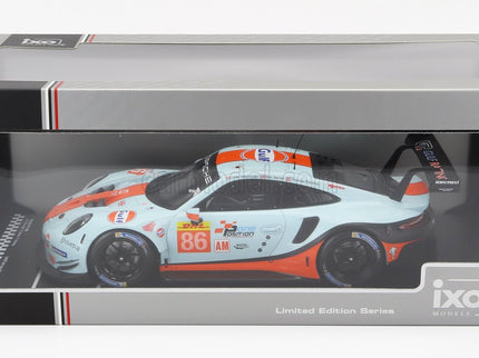 Porsche 911 991 RSR 4.0L Team Gulf Racing N°86 Wec Lmgte Sebring 2019 Michael Wainwright - Ben Barker - Thomas Preining 1:18 IXO Models svetlomodrá oranžová čierna