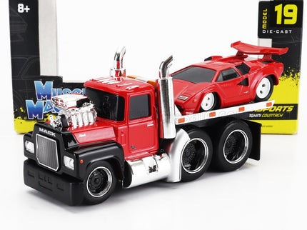 MACK | R685ST FLATBED TRUCK CAR TRANSPORTER WITH LAMBORGHINI COUNTACH CUSTOM 1988 | RED BLACK