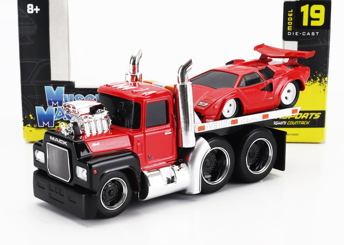 MACK | R685ST FLATBED TRUCK CAR TRANSPORTER WITH LAMBORGHINI COUNTACH CUSTOM 1988 | RED BLACK