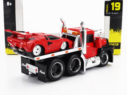 MACK | R685ST FLATBED TRUCK CAR TRANSPORTER WITH LAMBORGHINI COUNTACH CUSTOM 1988 | RED BLACK