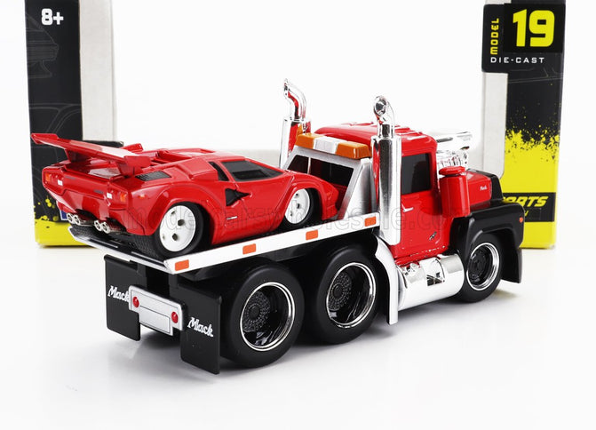 MACK | R685ST FLATBED TRUCK CAR TRANSPORTER WITH LAMBORGHINI COUNTACH CUSTOM 1988 | RED BLACK