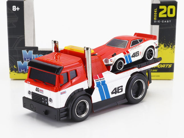 TRUCK | JDM FLATBED TRUCK CAR TRANSPORTER WITH DATSUN 240Z N 46 BRE CUSTOM 1972 | RED WHITE