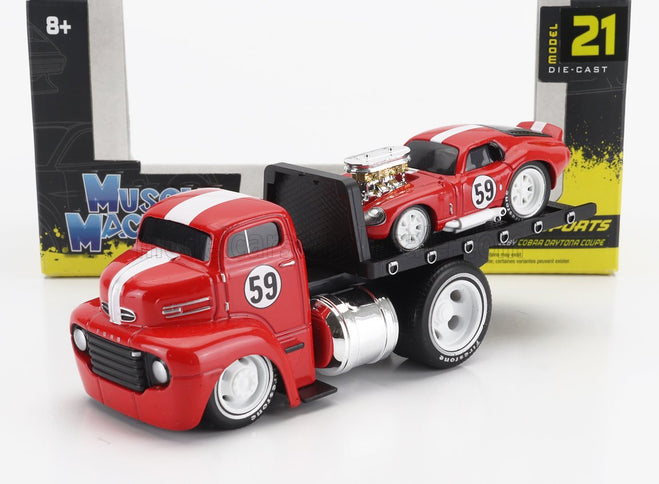 FORD USA | COE FLATBED TRUCK CAR TRANSPORTER WITH SHELBY DAYTONA COUPE N 59 CUSTOM 1965 | RED WHITE