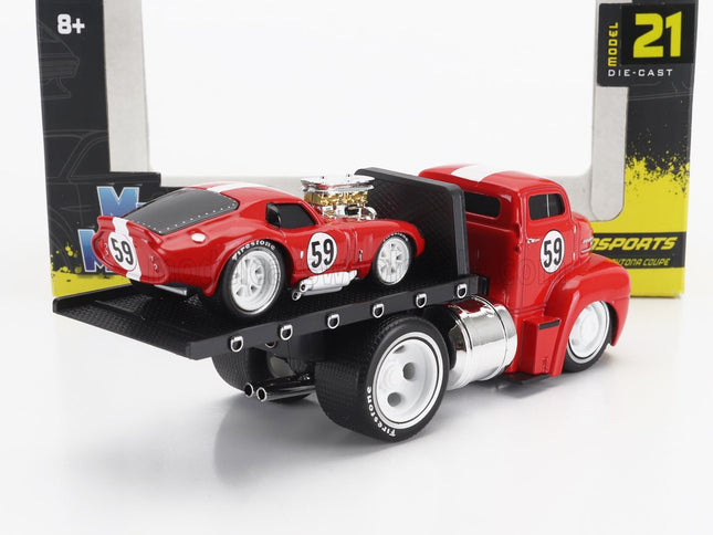 FORD USA | COE FLATBED TRUCK CAR TRANSPORTER WITH SHELBY DAYTONA COUPE N 59 CUSTOM 1965 | RED WHITE