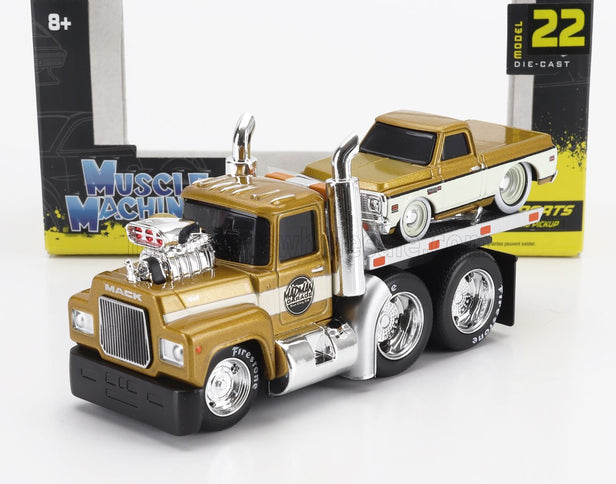 MACK | R685ST FLATBED TRUCK CAR TRANSPORTER WITH CHEVROLET C-10 PICK-UP CUSTOM 1972 | GOLD WHITE