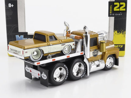 MACK | R685ST FLATBED TRUCK CAR TRANSPORTER WITH CHEVROLET C-10 PICK-UP CUSTOM 1972 | GOLD WHITE